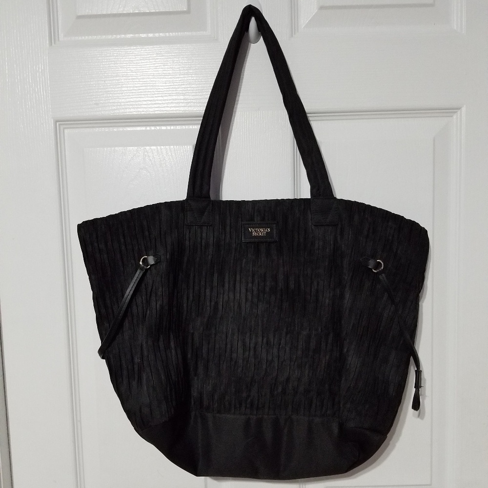 Victoria Secret Black Ruffled Textured Tote